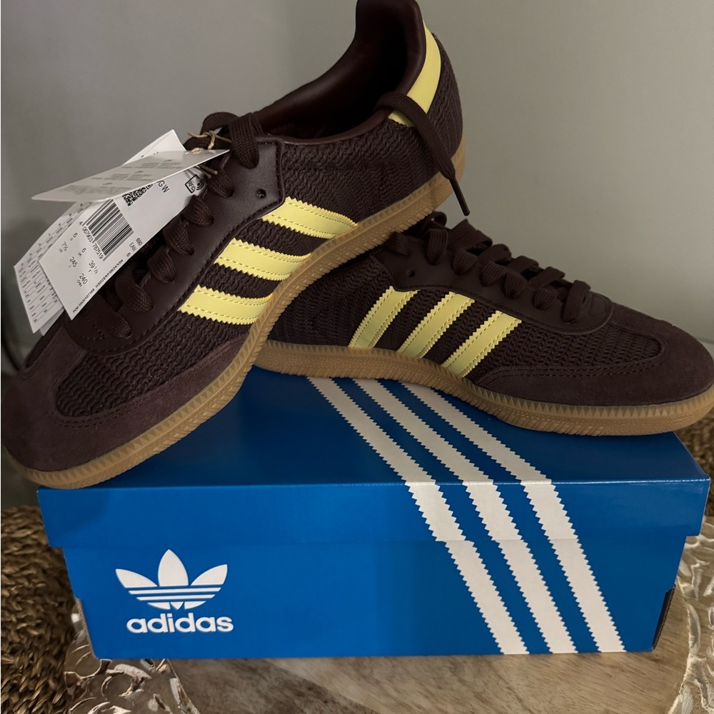 Adidas Chocolate Brown Sneakers with Gold Stripes